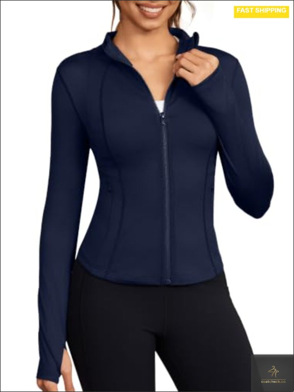 Cropped Zip Up Workout Jacket with Thumb Holes Long Sleeve Running